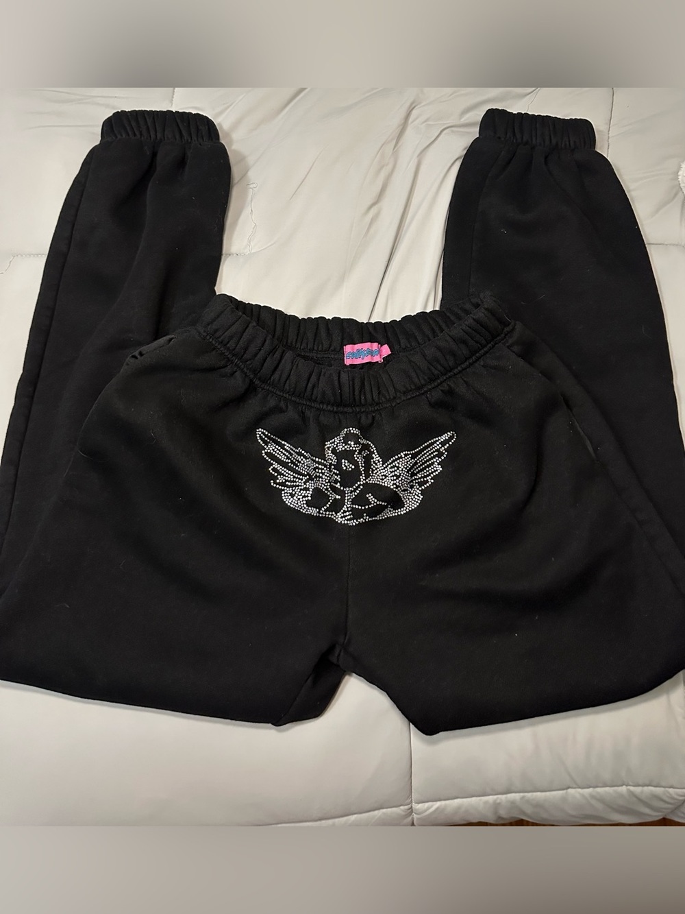 Women’s  Black Sweatpants with Rhinestone Angel Accent